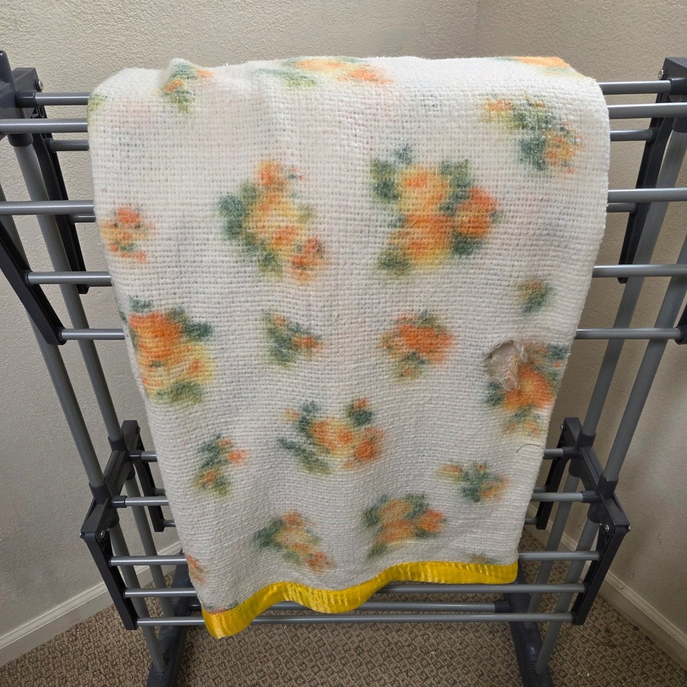 Vintage 70s Floral Waffle Weave Thermal Blanket Satin Trim Orange Yellow 78x80